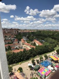 High angle shot of townscape against sky