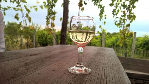 Close-up of wineglass on table against sky