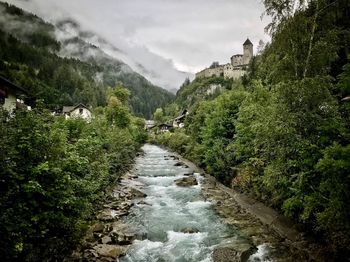 River amidst plants and trees against sky
