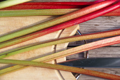 High angle view of multi colored pencils on table