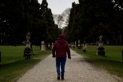 Rear view of man walking in park during winter