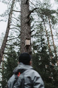 Rear view of man standing by tree trunk in forest