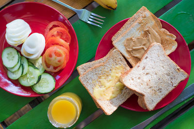 High angle view of breakfast served on table