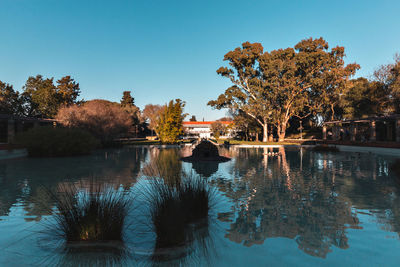 Reflection of trees in lake against clear sky