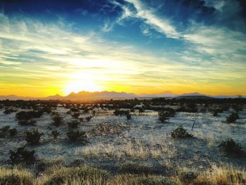 Scenic view of landscape against sky at sunset