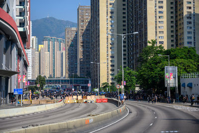 View of city street and modern buildings