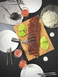 High angle view of meal served on table