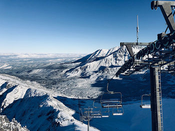 Scenic view of snowcapped mountains against clear blue sky