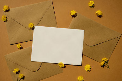 Beautiful little yellow chamomile daisies flowers on postal yellow envelopes on beige background