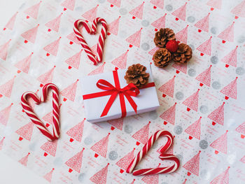 High angle view of christmas decorations on table