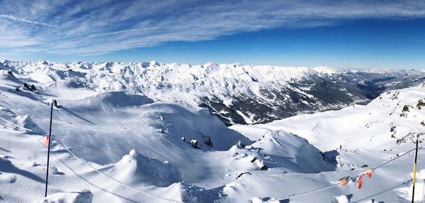 High angle view of snowcapped mountains against sky