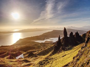 Scottish rocky landscape in skye isle. old man of storr. mystery around the landmark.