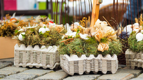 Easter decoration of a stall at farmers street market in prague