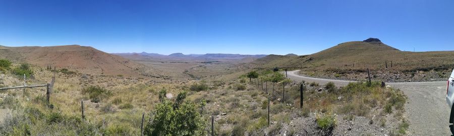 Panoramic view of landscape against clear blue sky