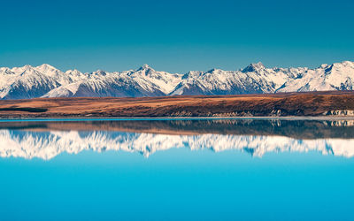 Scenic view of lake and mountains against blue sky