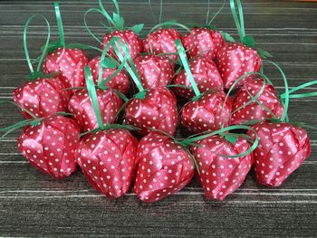 High angle view of strawberries on table