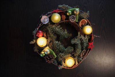 High angle view of christmas wreath on table