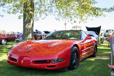 View of red car against sky