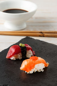 Close-up of sushi in plate on table