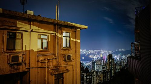 View of city lit up at night