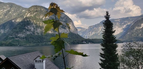 Scenic view of lake and mountains against sky