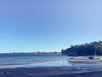 View of calm beach against blue sky