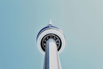 Low angle view of communications tower against clear sky