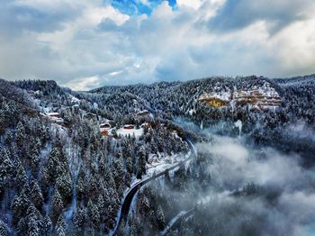 Aerial view of snowcapped mountains against sky