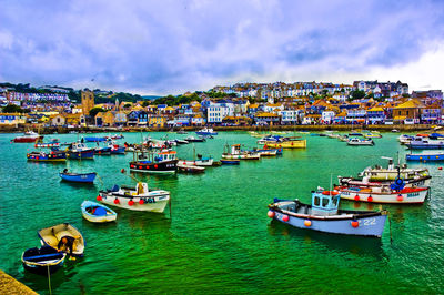 High angle view of boats in river