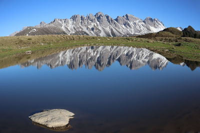 Scenic view of lake and mountains against blue sky