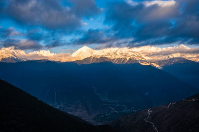 Scenic view of snowcapped mountains against sky during sunset