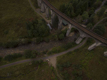 Aerial view of train on bridge over landscape