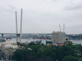 View of city buildings against cloudy sky