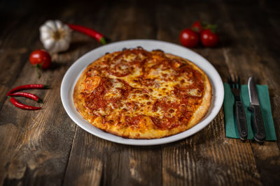 High angle view of pizza on table