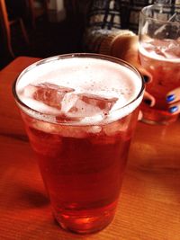 Close-up of beer in glass on table