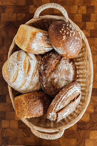 High angle view of bread in basket on table