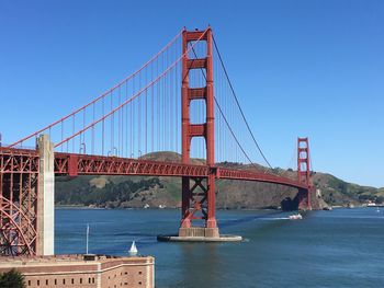 Golden gate bridge over sea against clear blue sky