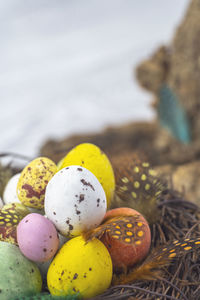 Close-up of christmas decorations on snow