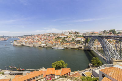 High angle view of river amidst buildings in city against sky