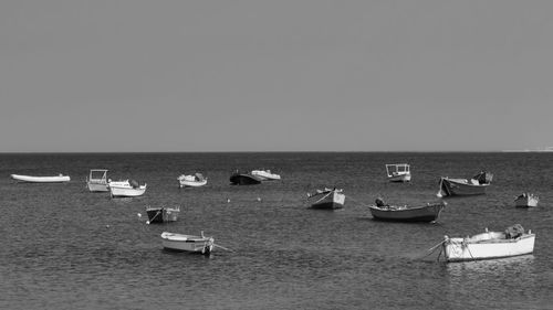 Boats moored in sea against clear sky