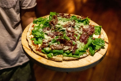 High angle view of pizza on table
