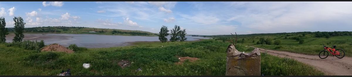 Scenic view of field against cloudy sky