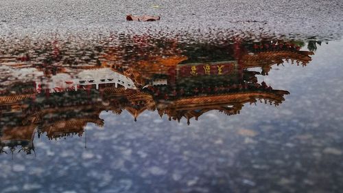 Reflection of buildings in puddle