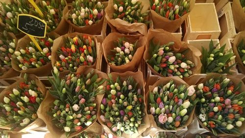 High angle view of flowers in basket for sale