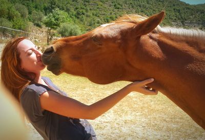 Woman kissing horse outdoors