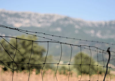 Low angle view of barbed wire fence against sky