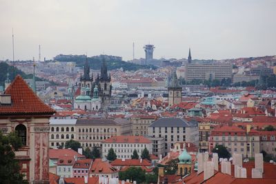 High angle shot of townscape against sky