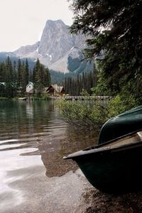 Scenic view of lake by mountains against sky