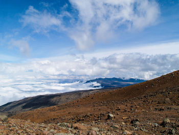 Scenic view of mountains against cloudy sky