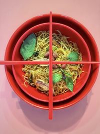 High angle view of vegetables in bowl on table